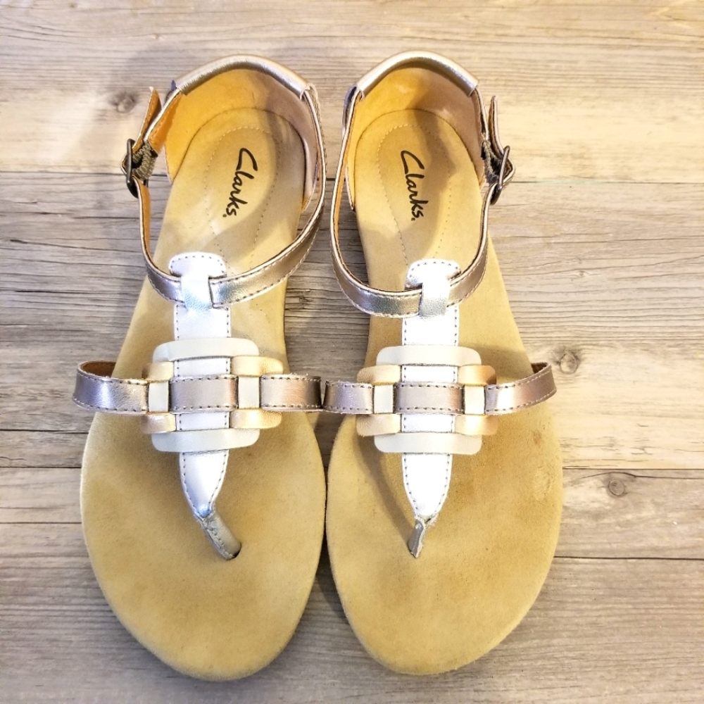Clarks Leather Silver Gold Layered Closed Back Sandals